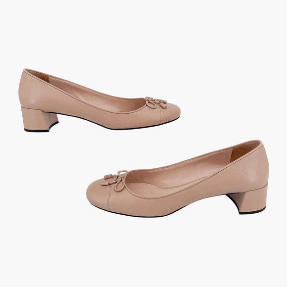 Prada Cap Toe Logo Ballet Pumps Heels Beige Leather Size 40 US 10 Block Heel